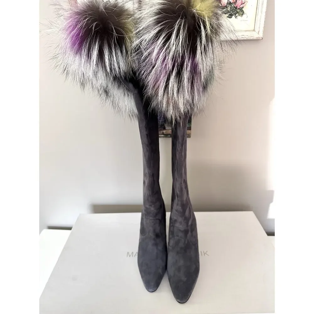 $1995 Manolo Blahnik Likanskim Boots Fur Suede Tall Womens Shoes Size 37.5 New